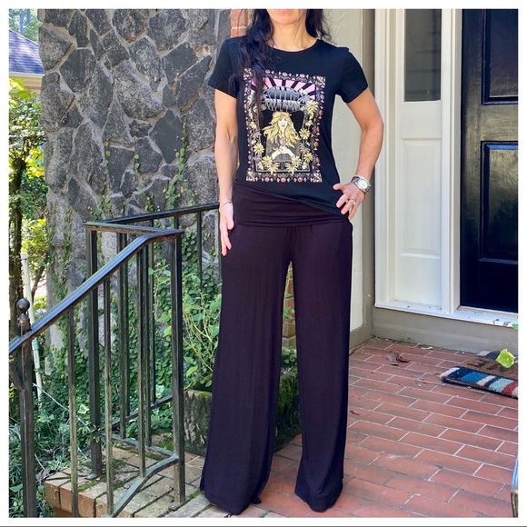 Black Wide leg Fold Waist Pants With Side pockets - Picture 6 of 8